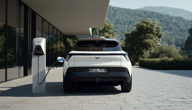 White electric car at a charging station by a modern building with an EV charging cable