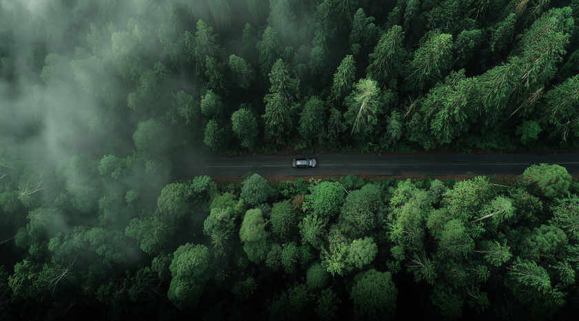 Aerial view of a road through a misty forest, sustainable driving with Voldt EV charging cables