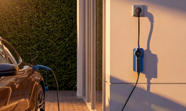 Voldt portable charger on a wall socket charging an electric car in a garage