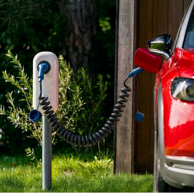 Coiled spiral EV charging cable connecting a charging post to a red electric car on grass