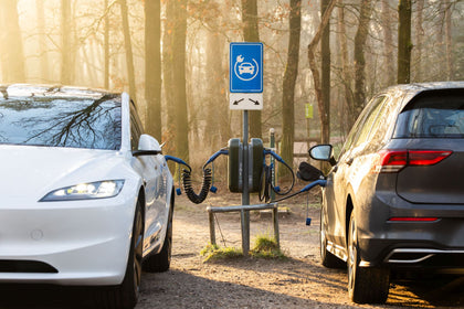 White Tesla and dark hatchback charging at a forest charging point with Voldt EV charging cables