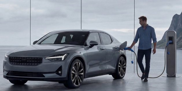 Driver connecting a Voldt® Type 2 charging cable to a grey electric car in a modern showroom