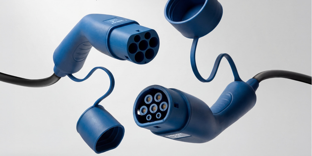 Studio shot of a blue Voldt Type 2 EV charging cable with both connectors