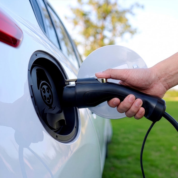 Hand plugging the Type 1 connector into the charging port of a white electric car