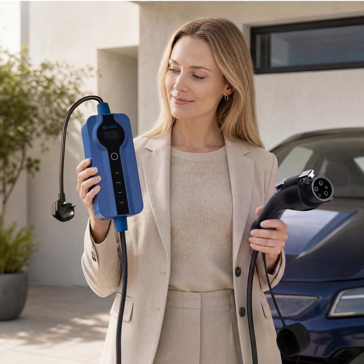 Woman holding the Voldt® Type 1 Portable Charger and its Type 1 connector