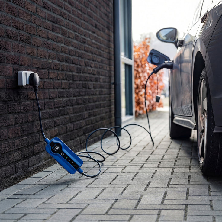 Voldt® Type 1 Portable Charger plugged into an outdoor socket beside a parked car